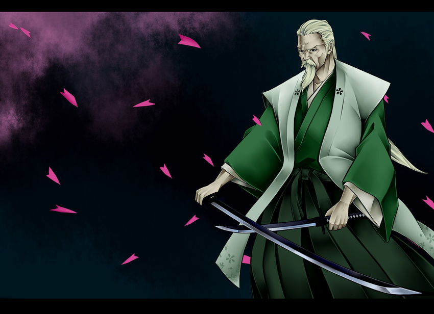 beard black_hakama bow cherry_blossoms dual_wielding facial_hair hakama haori highres holding japanese_clothes katana konpaku_youki male_focus mustache old_man petals sash solo sword touhou wakizashi weapon white_hair yukichi_(bancho99)