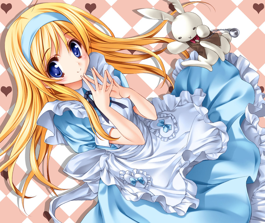 :x alice_(wonderland) alice_in_wonderland apron blonde_hair blue_bow blue_dress blue_eyes bow checkered checkered_background dress hairband hands_clasped heart long_hair looking_at_viewer own_hands_together smile solo stuffed_animal stuffed_bunny stuffed_toy yukiwo