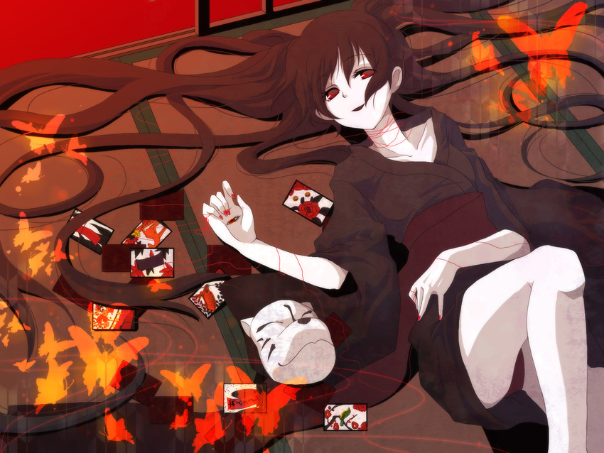 bad_id bad_pixiv_id black_hair bug butterfly card fox_mask hanafuda hatsune_miku highres hiiro_(kikokico) insect japanese_clothes kimono long_hair lying lying_card mask musunde_hiraite_rasetsu_to_mukuro_(vocaloid) nail_polish on_back red_eyes red_nails red_string smile solo string twintails very_long_hair vocaloid yukata