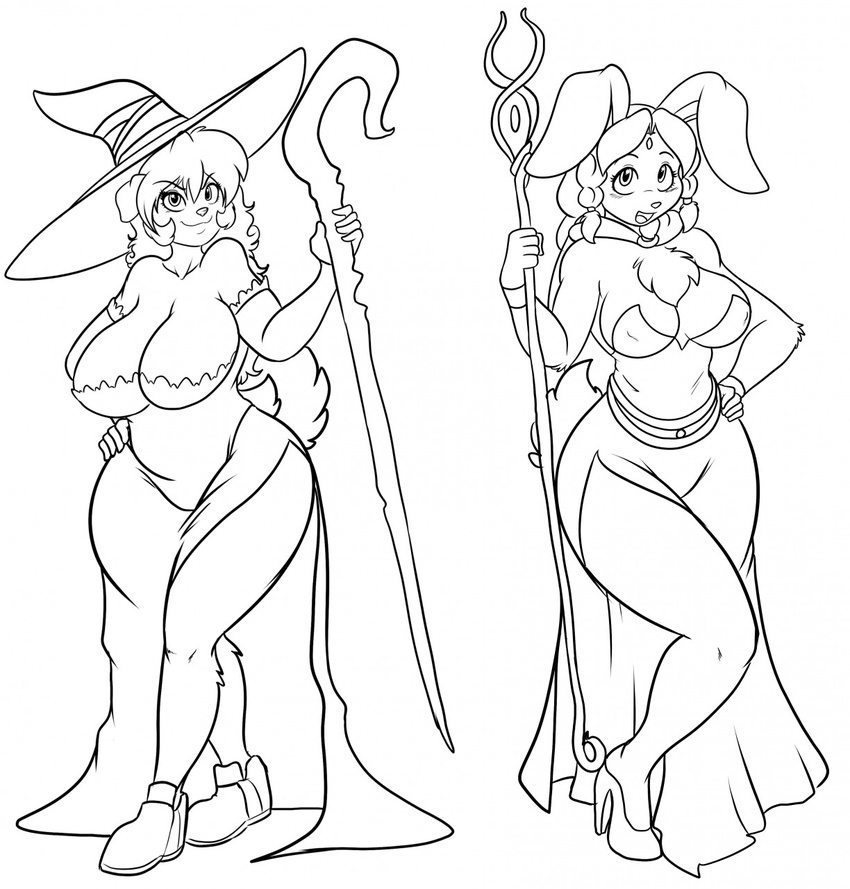 anthro big_breasts breasts canine dog duo female fur hair hi_res huge_breasts kibbles lagomorph las_lindas long_hair magic_user mammal monochrome rabbit skidd slightly_chubby sorceresses staff taffy thick_thighs uberquest voluptuous wide_hips