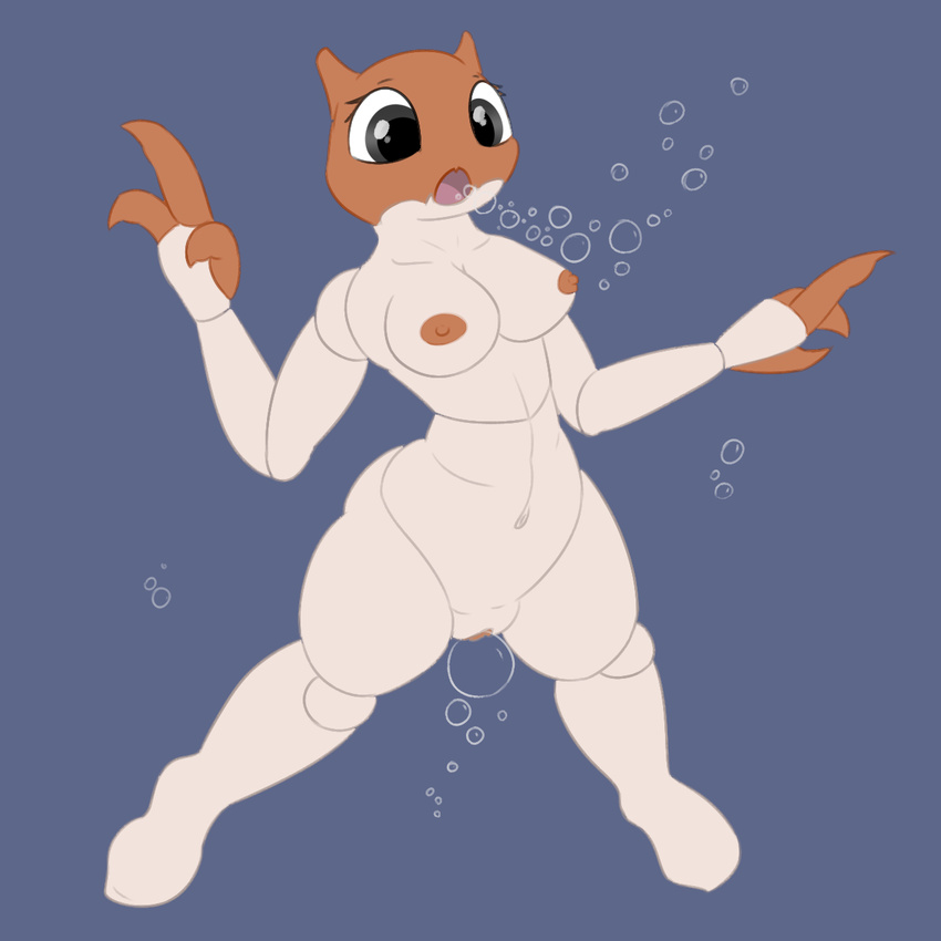 anthro areola arthropod barefoot breasts bubble claws crab crustacean eyelashes female grey_eyes hi_res krabby marine navel nintendo nipples nude open_mouth pok&eacute;mon posexe pussy simple_background solo surprise tongue underwater video_games water white_skin wide_hips