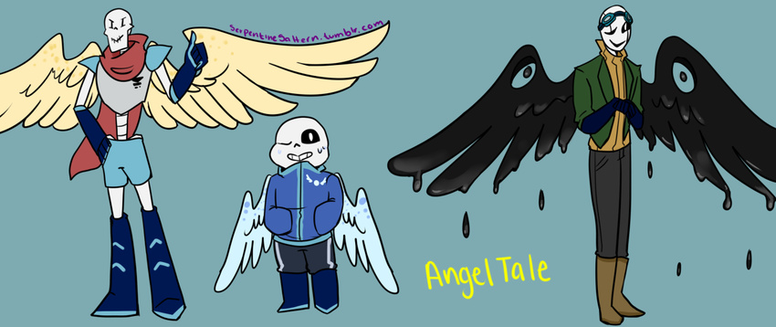 angeltale animated_skeleton bone boots clothed clothing eyewear footwear gloves goggles group jacket male monster pants papyrus_(undertale) sans_(undertale) scarf serpentinesaltern skeleton smile text undead undertale video_games wings