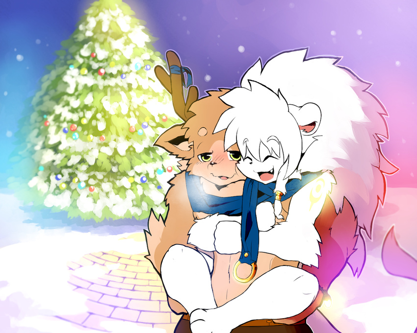 anthro antlers blush cervine christmas christmas_tree clothed clothing cute_fangs duo eyes_closed feline front_view holidays horn leo_(whiteleo) lion male mammal mane outside panting piggyback reindeer rudolph scarf smile snow standing topless tree whiteleo young