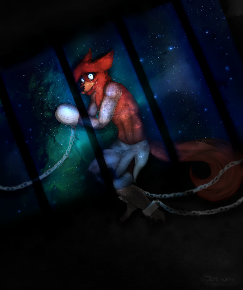 absurd_res anthro bars bondage_gloves bound brown_fur brown_tail canine chain chained crying digital_media_(artwork) eoki-san_(artist) five_nights_at_freddy's fox foxy_(fnaf) fur group hi_res male mammal signature sky solo star tears video_games