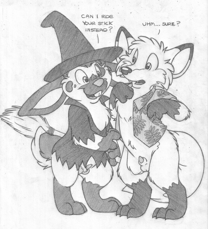 absurd_res anatomically_correct_genitalia animal_genitalia anthro balls barefoot bottomless broom buckteeth canine caribbean_fox_(character) clothed clothing costume cute_fangs dialogue digitigrade disguise duo english_text fox greyscale halloween hawaiian_shirt hi_res holidays inviting lagomorph looking_at_penis male male/male mammal mizzyam monochrome open_mouth open_shirt pencil_(artwork) penis penis_tip rabbit semi-anthro sheath simple_background spotted_bunny teeth text traditional_media_(artwork) white_background