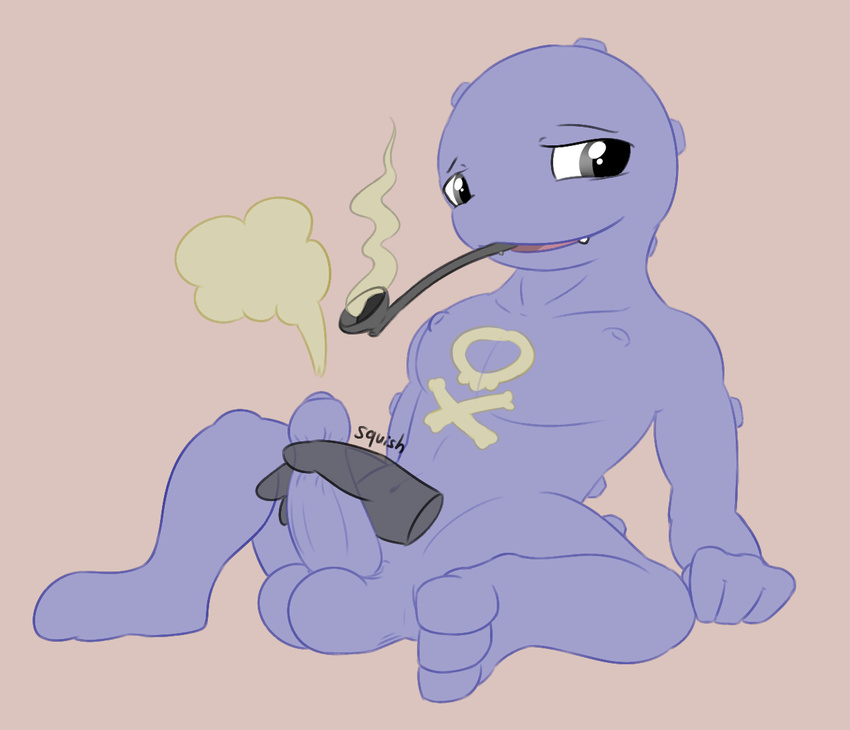 3_toes anthro anthrofied balls barefoot cum cumshot cute_fang disembodied_hand erection fondling gas grey_eyes half-closed_eyes humanoid_penis koffing looking_at_viewer male nintendo nude onomatopoeia open_mouth orgasm penis pipe pok&eacute;mon posexe purple_skin simple_background sitting smile smoke smoking solo sound_effects spread_legs spreading squish teeth toes tongue uncut video_games