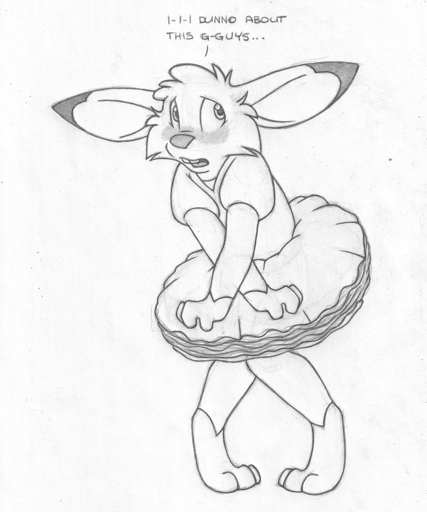 absurd_res anthro barefoot blush buckteeth clothed clothing crossdressing cub dialogue disguise embarrassed english_text front_view full-length_portrait greyscale halloween hi_res holidays jake_cottontail lagomorph looking_away male mammal mizzyam monochrome open_mouth pencil_(artwork) portrait rabbit simple_background solo standing teeth text tiptoes traditional_media_(artwork) tutu white_background young