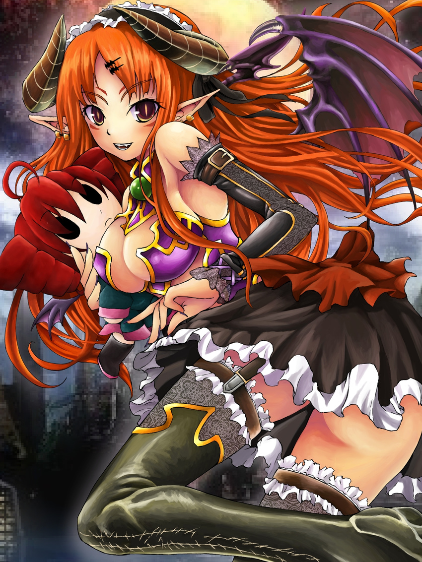 big_breasts breasts brown_eyes cleavage clothed clothing demon ear_piercing elbow_gloves female gloves hair hi_res horn kaede1058 legwear long_hair membranous_wings not_furry orange_hair piercing plushie pointy_ears skimpy solo succubus thigh_highs tight_clothing wings