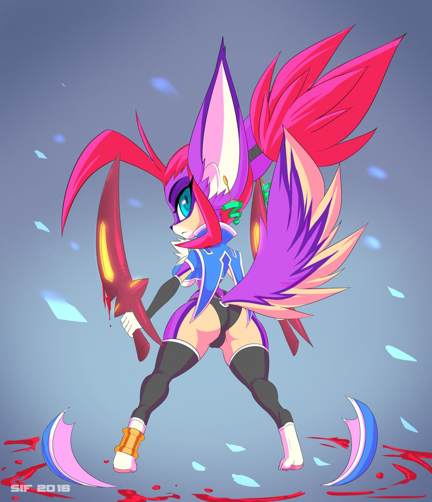 anklet anthro big_breasts big_butt blood blue_eyes breasts butt canine clothing ear_piercing female fox fur gloves hair hi_res jewelry legwear looking_at_viewer looking_back mammal melee_weapon piercing pink_hair purple_fur shyra sif solo stockings sword thick_thighs underwear weapon wide_hips