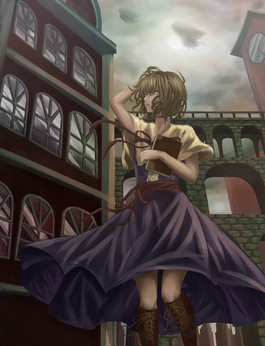 aircraft alice_margatroid aqueduct architecture bad_id bad_pixiv_id blonde_hair blue_dress blue_eyes book boots brown_footwear building capelet clock clock_tower cloud cloudy_sky cross-laced_footwear day dress dress_lift hairband hand_in_hair highres holding holding_book knee_boots knees lace-up_boots looking_to_the_side parted_lips perspective reflection ribbon sakkun2014 short_hair short_sleeves sky solo sun sunlight touhou tower wind