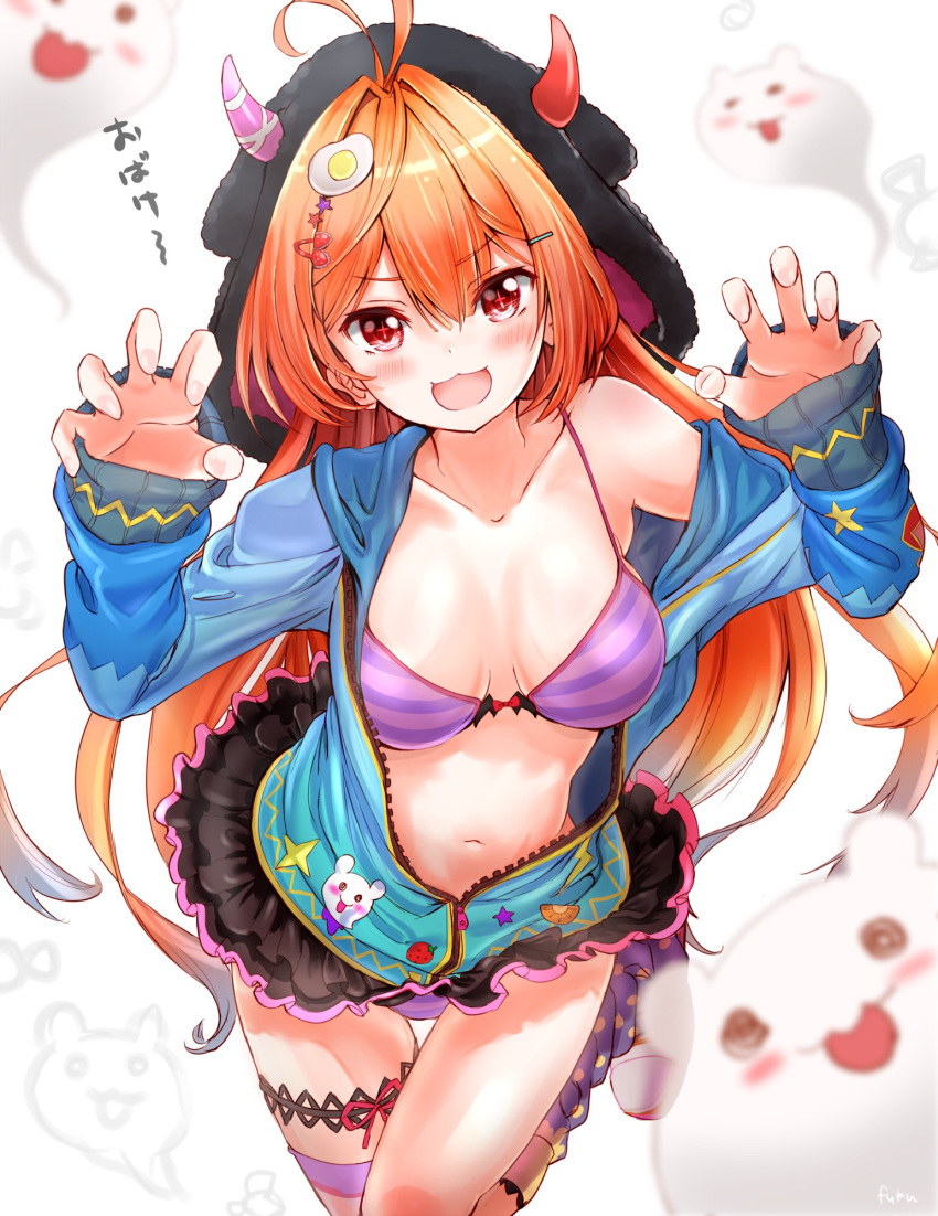 1girl :d antenna_hair bikini black_hat black_skirt blue_jacket blush breasts cleavage collarbone egg_hair_ornament eyebrows_visible_through_hair fake_horns floating_hair food_themed_hair_ornament fuku_kitsune_(fuku_fox) hair_between_eyes hair_ornament hat highres jacket leg_up long_hair long_sleeves looking_at_viewer medium_breasts microskirt navel open_clothes open_jacket open_mouth orange_hair partially_unzipped print_jacket purple_bikini red_eyes shiny shiny_hair shironeko_project skirt smile solo standing standing_on_one_leg striped striped_bikini swimsuit symbol-shaped_pupils thigh_strap two-tone_background very_long_hair