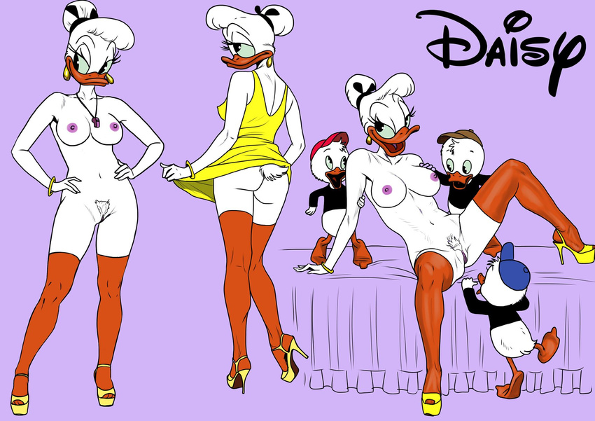 age_difference anthro avian bad_parenting bird bottomless breasts clothed clothing daisy_duck dewey_duck disney dress duck female group hi_res high_heels huey_duck larger_female legwear louie_duck male nipples nude older_female pandora's_box presenting presenting_pussy pubes pussy size_difference smaller_male spread_legs spreading stockings thigh_highs young younger_male
