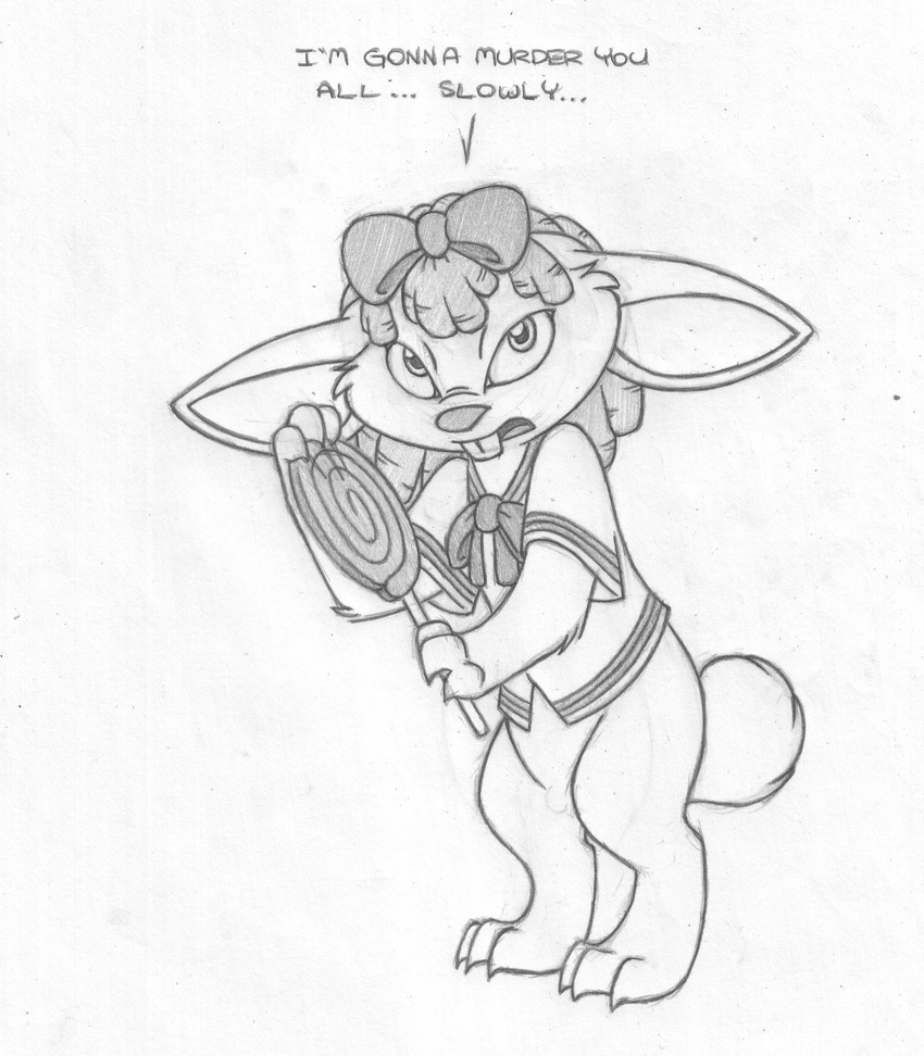 angry anthro barefoot bottomless candy claw_marks clothed clothing crossdressing dialogue digitigrade english_text featureless_crotch food greyscale hair_bow hair_ribbon hi_res holding_candy holding_object lagomorph lollipop looking_at_viewer male mammal maxy mizzyam monochrome open_mouth pencil_(artwork) rabbit ribbons school_uniform semi-anthro solo standing text threatening traditional_media_(artwork) uniform wig