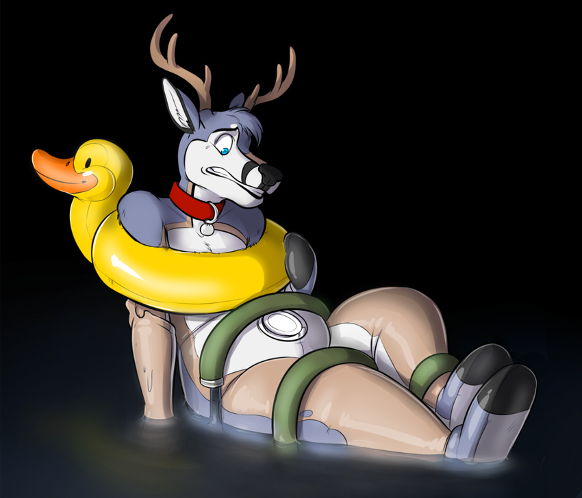 2016 ambiguous_gender anthro blue_eyes bound cervine collar cubi deer fur hose inflatable jaiy mammal pool_toy rubber shiny simple_background solo teeth transformation water