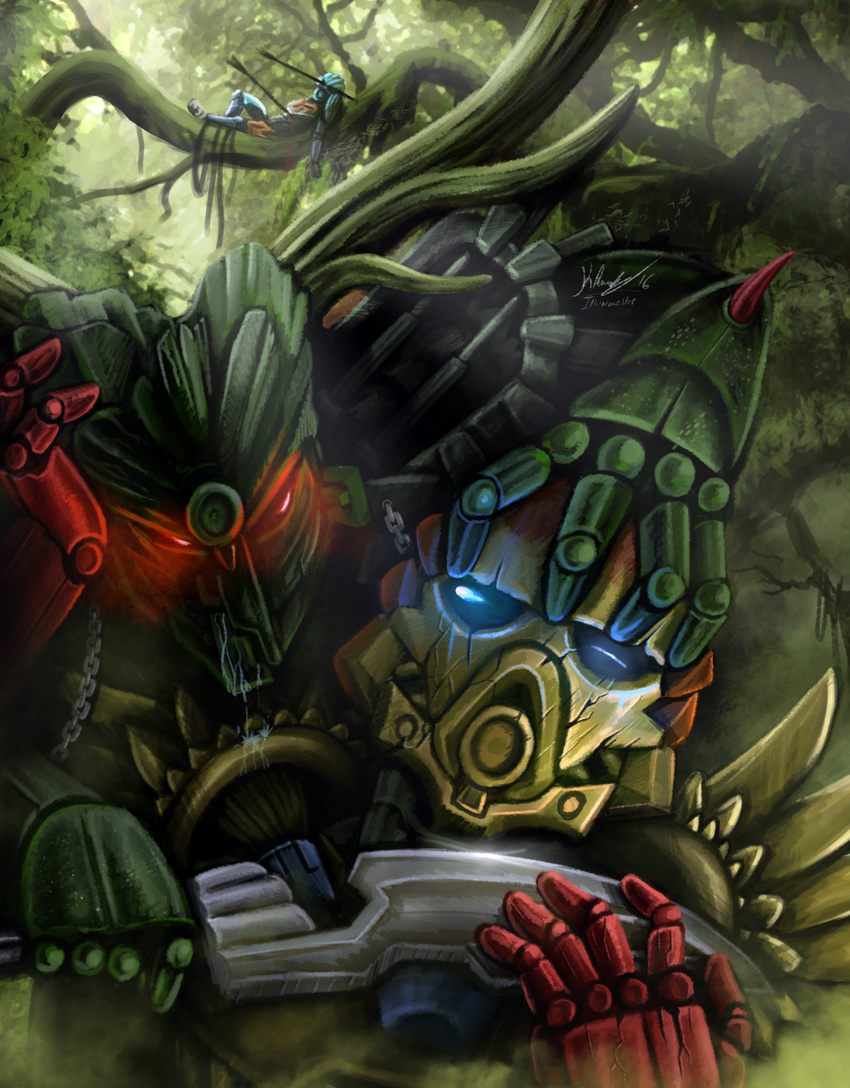 armor arrow arrowed bionicle blood blue_eyes corpse death digital_media_(artwork) duo_focus fight gali group hi_res horn illustriousv knife lego machine mask not_furry outside red_eyes robot saliva tahu tree umarak weapon