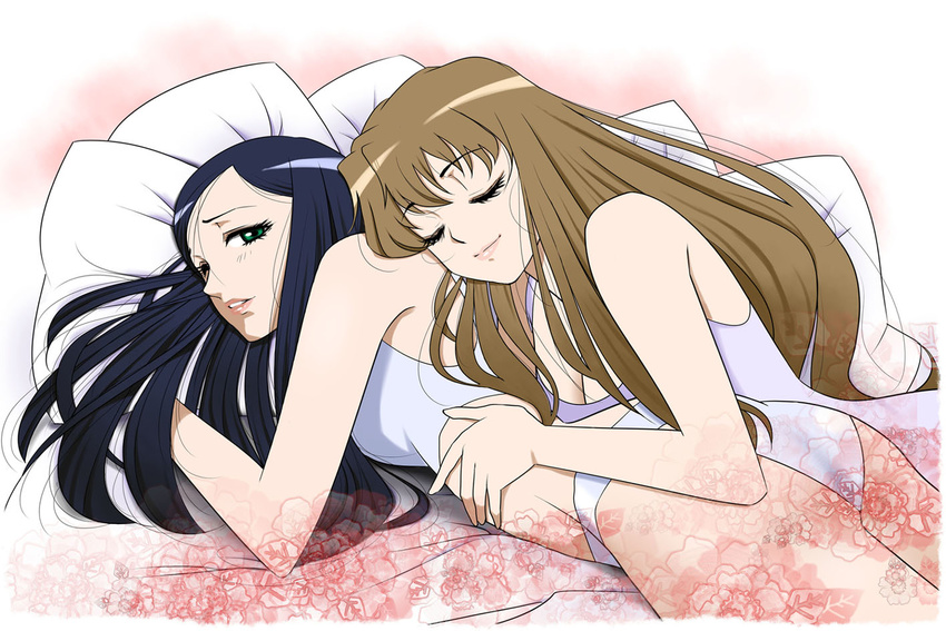 bare_shoulders blue_hair brown_hair closed_eyes couple cuddling eyelashes flower fujino_shizuru kuga_natsuki leaning_on_person light_smile long_hair looking_back lying multiple_girls my-hime on_stomach one_eye_closed parted_lips pillow sabachiyo_land yuri