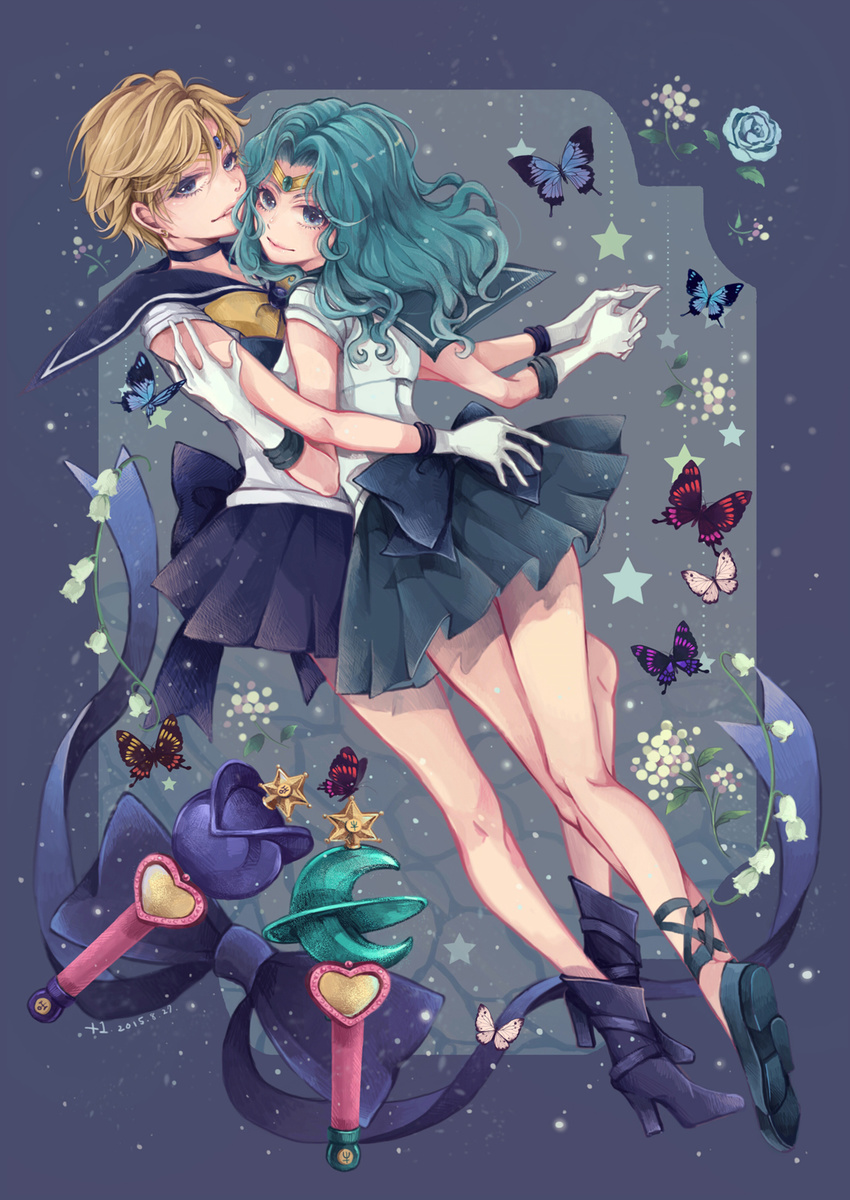 2015 2girls aqua_hair bare_legs bishoujo_senshi_sailor_moon blonde_hair blue_bow blue_choker blue_eyes blue_flower blue_footwear blue_rose blue_sailor_collar blue_skirt bow bug butterfly choker dated flower full_body gloves green_footwear green_skirt highres insect kaiou_michiru lily_of_the_valley looking_at_viewer magical_girl multiple_girls neptune_symbol outer_senshi pleated_skirt rose sailor_collar sailor_neptune sailor_senshi sailor_senshi_uniform sailor_uranus shoes short_hair signature skirt smile strappy_heels ten'ou_haruka tiara uranus_symbol very_short_hair white_gloves yellow_bow