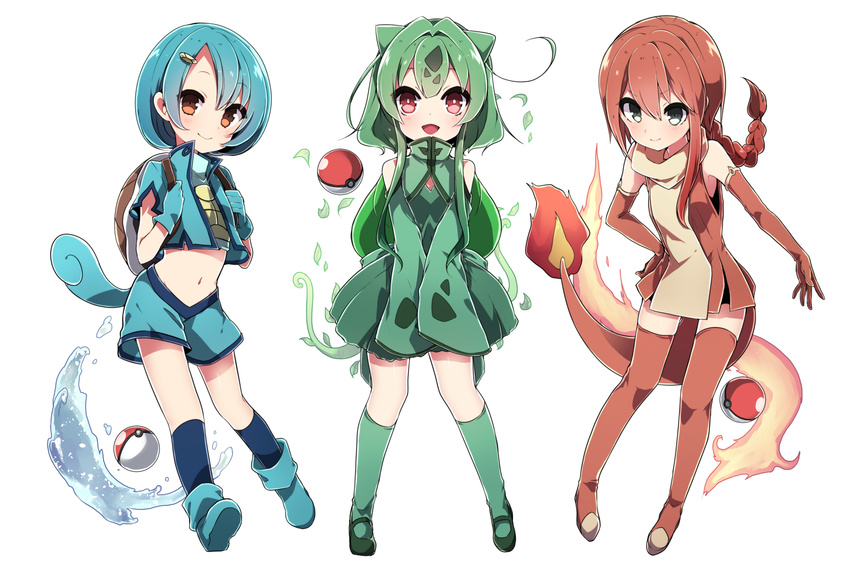 backpack bag blue_footwear blue_gloves blue_hair blue_legwear blush boots braid brown_eyes bulbasaur charmander commentary_request detached_sleeves dress elbow_gloves fire full_body gen_1_pokemon gloves green_footwear green_hair green_legwear hair_between_eyes hair_ornament hairclip hand_on_hip highres kneehighs leaf long_hair looking_at_viewer multiple_girls navel open_mouth orange_footwear orange_hair personification poke_ball pokemon red_eyes shoes short_dress short_hair short_hair_with_long_locks short_sleeves shorts silver_eyes simple_background single_braid sleeveless sleeveless_dress smile squirtle standing tail takeshima_(nia) thigh_boots thighhighs v_arms vest water white_background