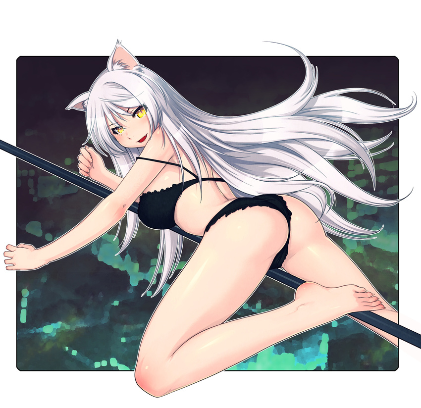 :d animal_ears ass back bakemonogatari bangs bare_legs bare_shoulders barefoot between_legs black_bra black_hanekawa black_panties blush bra breasts cat_ears crotch_seam fang feet hanekawa_tsubasa highres large_breasts long_hair long_legs looking_at_viewer mahito monogatari_(series) open_mouth panties pole sharp_toenails slit_pupils smile solo strap_slip toenails underwear underwear_only white_hair yellow_eyes