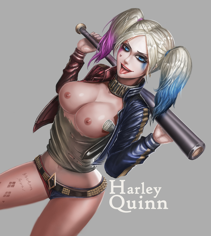 areolae armpit_holster badcompzero baseball_bat batman_(series) belt blonde_hair blue_eyes body_writing breasts character_name choker dc_comics dccu dyed_hair gun harley_quinn holster jacket multicolored_hair nipples shorts simple_background solo studded_belt suicide_squad tongue topless torn_clothes twintails weapon