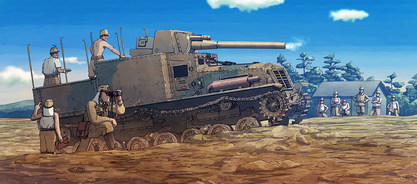 binoculars blue_sky cannon cloud commentary_request day desert earasensha ground_vehicle military military_vehicle motor_vehicle multiple_boys original outdoors real_life rock shirtless sky tank tank_destroyer turret type_5_na-to