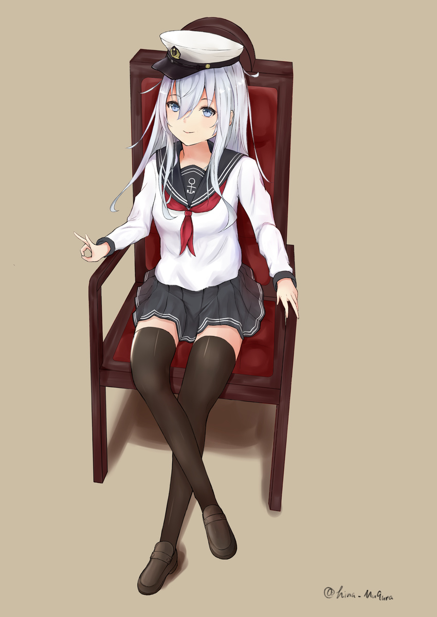 absurdres anchor_symbol bangs black_footwear black_legwear black_skirt blue_eyes blue_hair brown_background chair closed_mouth commentary_request eyebrows eyebrows_visible_through_hair full_body hat hibiki_(kantai_collection) highres kantai_collection loafers long_hair long_sleeves looking_at_viewer mugura_(kawasemi-m) neckerchief ok_sign peaked_cap pleated_skirt school_uniform serafuku shadow shoes sidelocks simple_background sitting skirt smile solo thighhighs twitter_username zettai_ryouiki