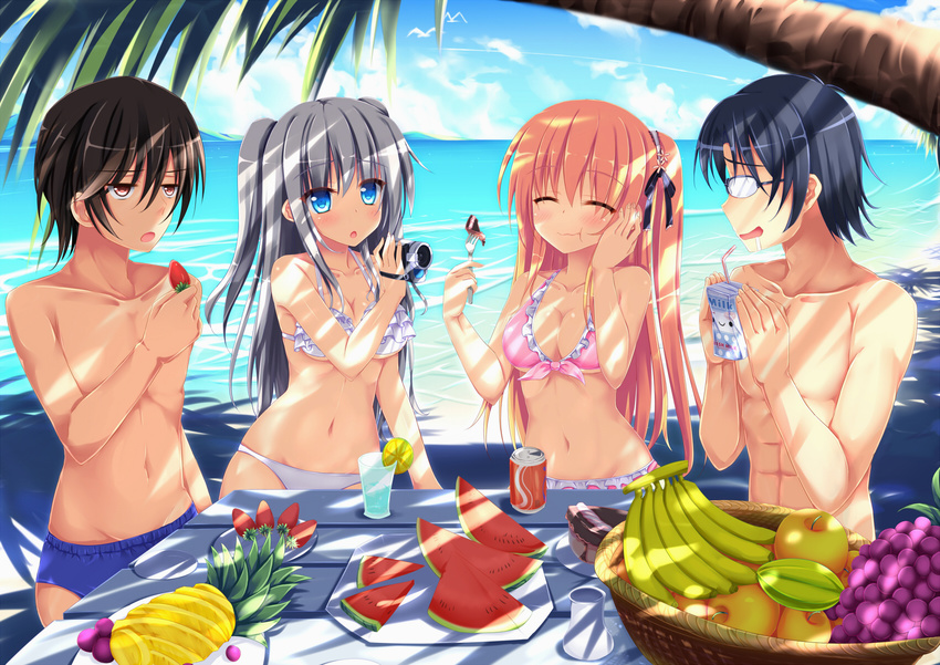 2girls :o :t ^_^ abs alternate_costume animal apple banana bangs basket beach bikini bird black_hair black_ribbon blonde_hair blue_eyes blue_sky blush box breasts brown_hair cake camcorder camera can charlotte_(anime) cleavage closed_eyes cloud collarbone cup day drinking_glass drooling eating eyebrows eyebrows_visible_through_hair food fork frilled_bikini frills front-tie_bikini front-tie_top fruit glasses grapes hair_between_eyes hair_ribbon halterneck hand_on_own_cheek highres holding holding_camera holding_food holding_fork holding_fruit lime_slice long_hair looking_at_another looking_at_viewer male_swimwear medium_breasts milk multiple_boys multiple_girls nanairo_fuusen navel nishimori_yusa ocean one_side_up opaque_glasses otosaka_yuu outdoors palm_tree pineapple pink_bikini plate police red_eyes ribbon saliva sand saucer seagull shade shirtless silver_hair sky slice_of_cake soda_can starfruit stomach strawberry summer swim_briefs swimsuit swimwear table takajou_joujirou tomori_nao tree tree_shade tropical tropical_drink two_side_up underboob watermelon white_background wooden_table