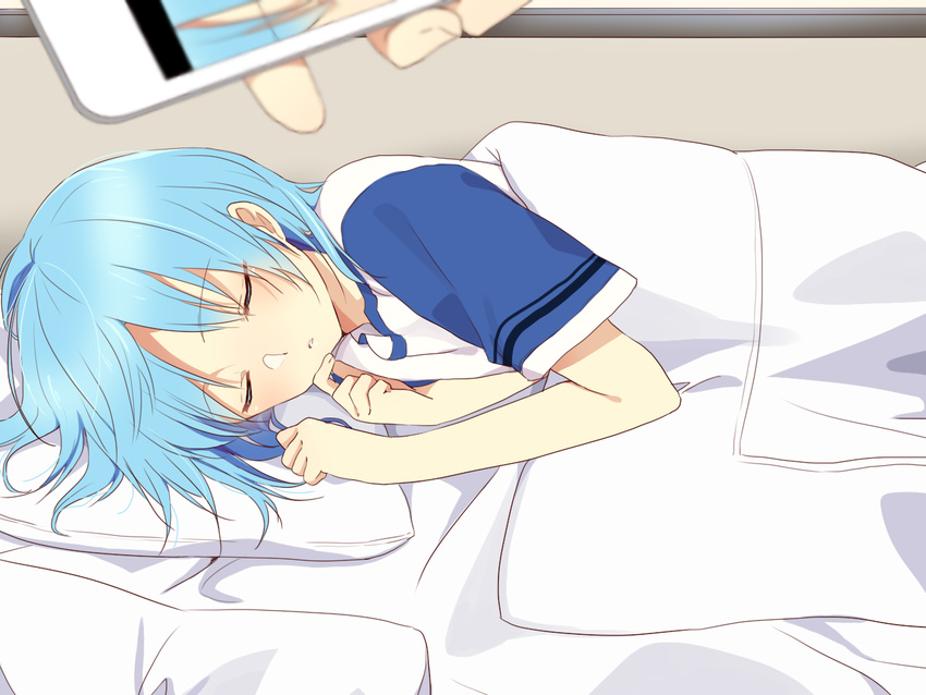 ansatsu_kyoushitsu bad_id bad_pixiv_id blue_hair blush cellphone cellphone_camera hair_down hi-ma male_focus phone pillow shiota_nagisa sleeping solo_focus taking_picture under_covers