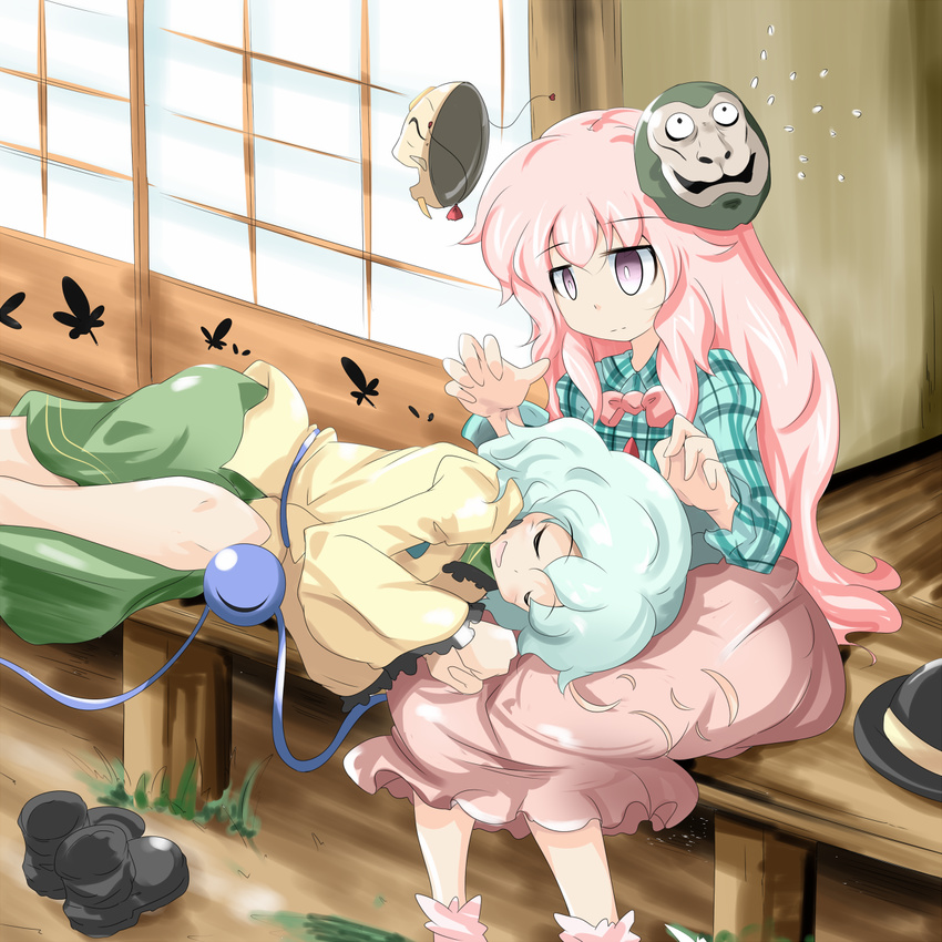 ankle_socks aqua_hair architecture blouse bubble_skirt east_asian_architecture expressionless flying_sweatdrops hands_up hat hat_removed hata_no_kokoro headwear_removed highres kikurage_(sugi222) komeiji_koishi lap_pillow long_hair long_sleeves looking_at_another monkey_mask multiple_girls noh_mask outdoors pink_eyes pink_hair plaid plaid_shirt purple_eyes shirt shoes_removed short_hair skirt sleeping sleeping_on_person sliding_doors smile third_eye touhou veranda