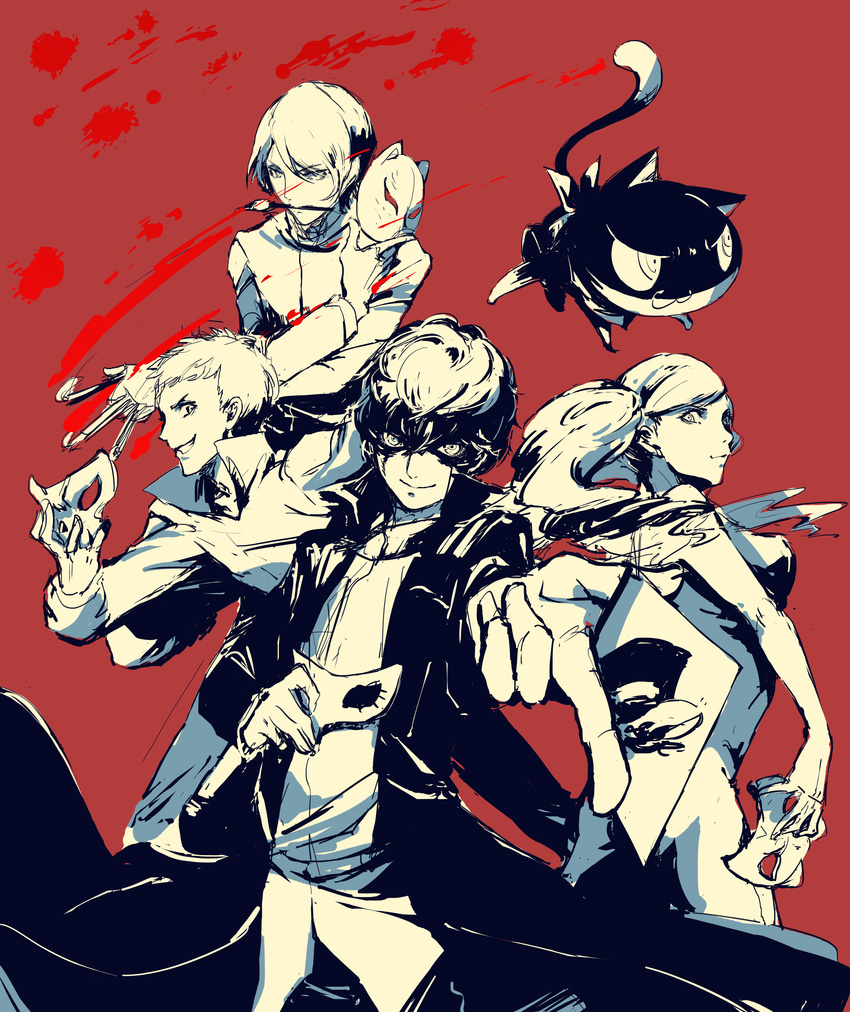 3boys absurdres amamiya_ren bad_id bad_pixiv_id black_hair cat cat_mask fox_mask highres kitagawa_yuusuke looking_at_viewer mask morgana_(persona_5) multiple_boys paint_splatter paintbrush persona persona_5 red_background ryou_(60703991) sakamoto_ryuuji short_hair sketch skull_mask smile takamaki_anne trench_coat