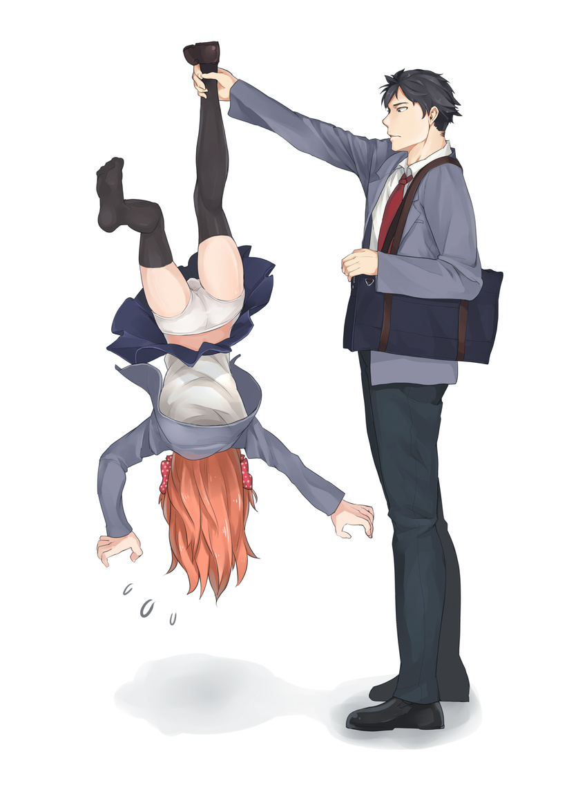 1girl absurdres black_hair black_legwear blazer bow flying_sweatdrops gekkan_shoujo_nozaki-kun hair_bow hair_ornament highres holding_another's_leg jacket long_hair nozaki_umetarou orange_hair panties pleated_skirt polka_dot polka_dot_bow qieweiyu rouman_academy_uniform sakura_chiyo school_uniform serafuku short_hair skirt thighhighs underwear upside-down white_panties