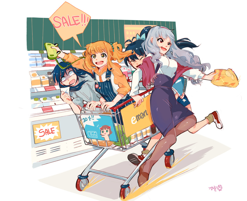 4girls bag_of_chips blank_eyes ganaha_hibiki highres idolmaster idolmaster_(classic) kisaragi_chihaya multiple_girls nonowa orange_hair pantyhose sale shijou_takane shopping_cart silver_hair takatsuki_yayoi tuxedo_de_cat