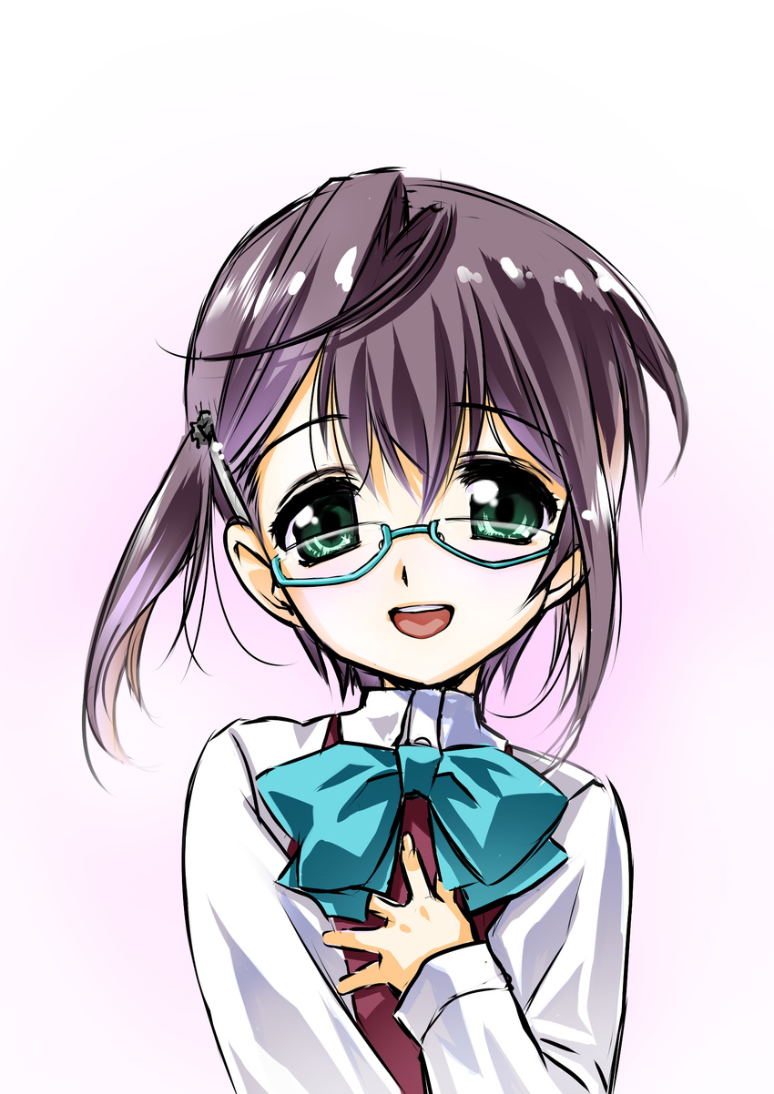 blouse dress glasses green-framed_eyewear green_eyes green_ribbon hair_ornament hand_on_own_chest highres kantai_collection long_sleeves looking_at_viewer multicolored_hair okinami_(kantai_collection) open_mouth pink_hair purple_hair ribbon school_uniform semi-rimless_eyewear senomoto_hisashi short_hair sleeveless sleeveless_dress smile solo teeth under-rim_eyewear white_blouse