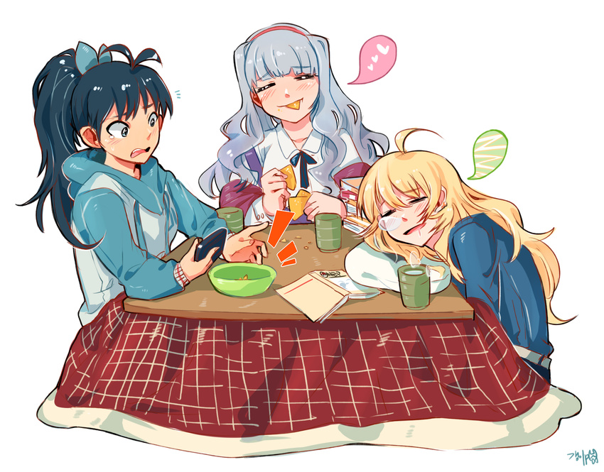 ahoge antenna_hair bangs black_hair blonde_hair book cup eating ganaha_hibiki heart highres hoshii_miki idolmaster idolmaster_(classic) kotatsu long_hair multiple_girls nose_bubble ponytail project_fairy shijou_takane silver_hair spoken_heart table tuxedo_de_cat zzz