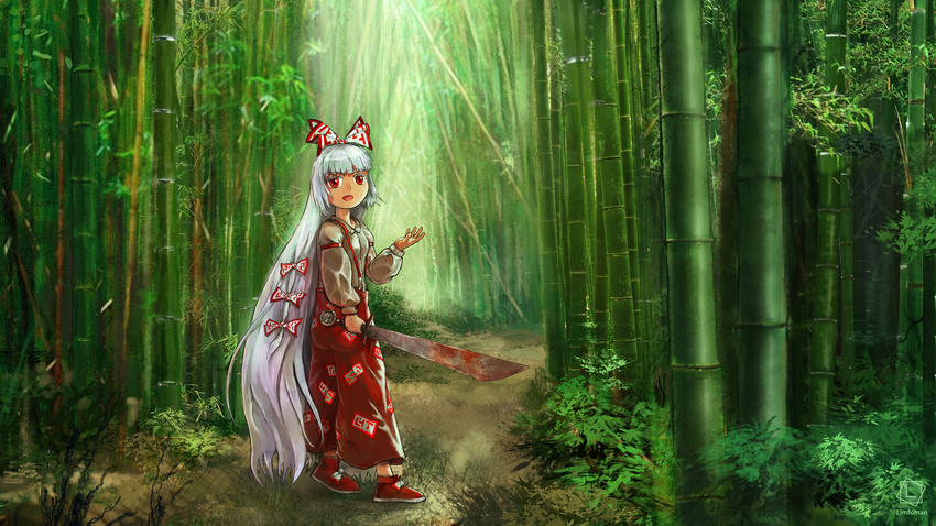 absurdres bad_source falchion_(weapon) forest fujiwara_no_mokou highres limfoman long_hair nature solo touhou very_long_hair weapon