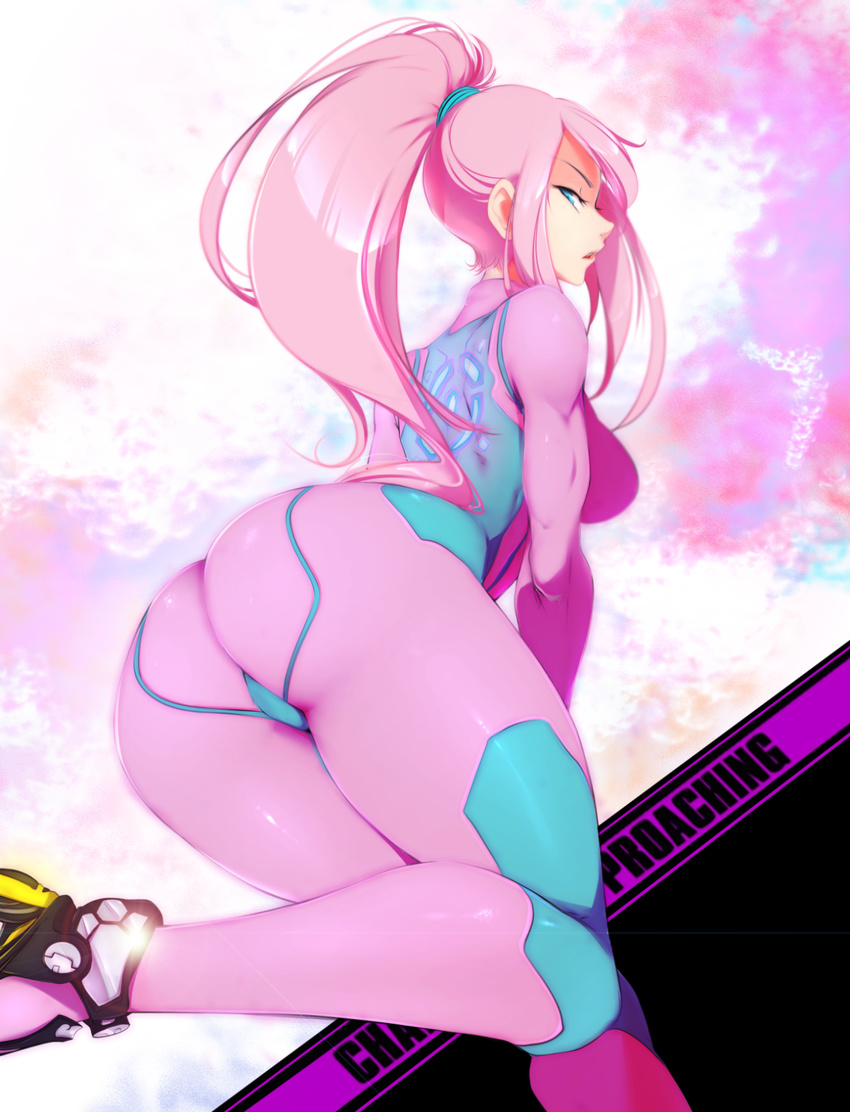 1girl alternate_color ass blue_eyes bodysuit breasts from_behind highres hips huge_ass looking_back metroid nintendo parted_lips pink_hair player_2 ponytail samus_aran skin_tight solo sticky_(stickysheep) super_smash_bros. thick_thighs wide_hips zero_suit