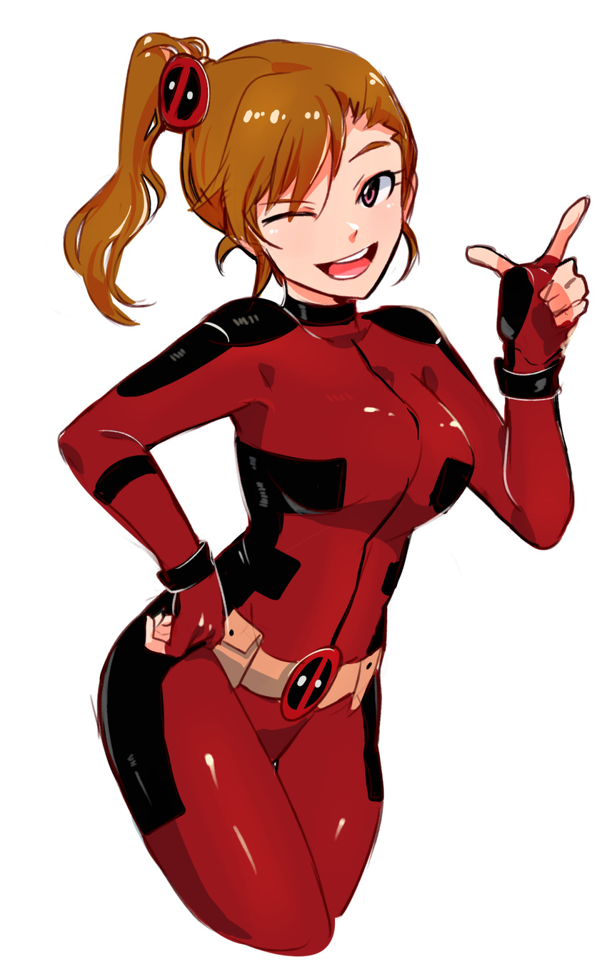 bodysuit cosplay deadpool deadpool_(cosplay) futami_mami highres idolmaster idolmaster_(classic) side_ponytail solo transparent_background tuxedo_de_cat