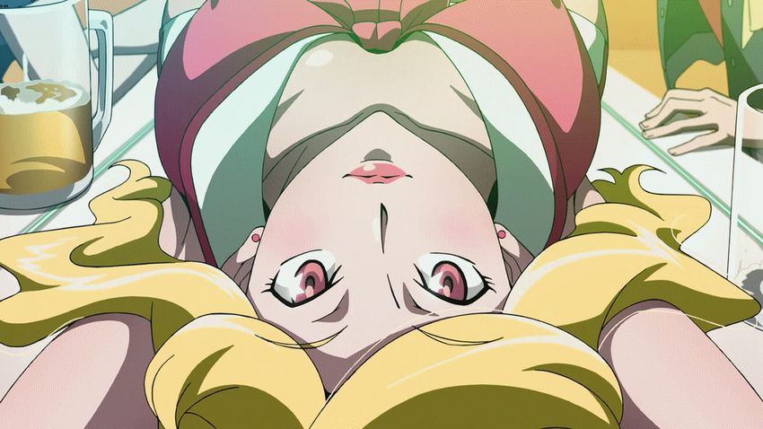 1girl animated animated_gif beer blonde_hair bouncing_breasts breasts cleavage earrings honey_(space_dandy) jewelry large_breasts lipstick long_hair looking_at_viewer makeup space_dandy talking