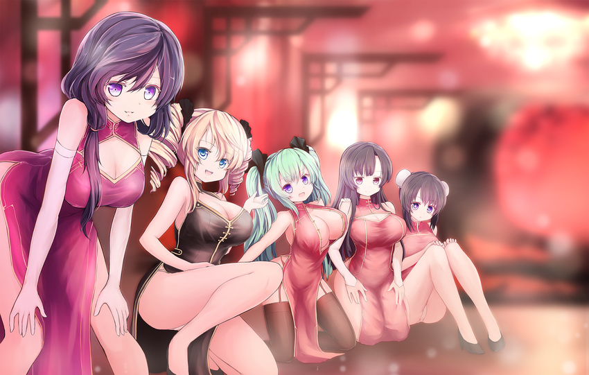 :d aqua_hair bangs bare_legs bent_over black_dress black_footwear black_legwear blonde_hair blue_eyes blurry breasts bun_cover china_dress chinese_clothes cleavage cleavage_cutout depth_of_field detached_sleeves double_bun dress drill_hair garter_straps gloves hair_ornament hair_over_shoulder hair_ribbon hair_tie head_tilt high_heels highres kneeling lantern large_breasts long_hair looking_at_viewer multiple_girls no_socks on_floor one_knee open_clothes open_mouth original panties pantyshot pantyshot_(sitting) paper_lantern pelvic_curtain purple_dress purple_eyes purple_hair red_dress red_eyes ribbon shoes sitting sleeveless sleeveless_dress smile swept_bangs thighhighs twin_drills twintails unbuttoned underwear white_panties zheyi_parker