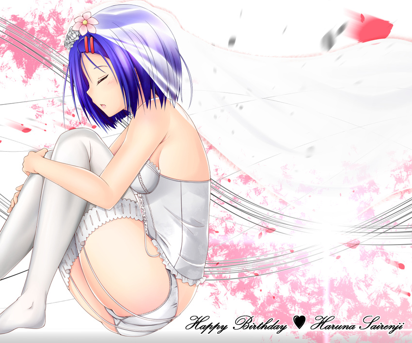 ass bare_shoulders blue_hair breasts bustier closed_eyes garter_straps hair_ornament hairclip happy_birthday harusame_kiruke knees_to_chest leg_hug legs_up medium_breasts open_mouth panties sairenji_haruna short_hair sideboob sitting solo thighhighs to_love-ru underwear veil white_legwear white_panties