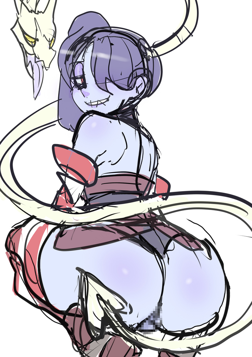 ass backless_outfit bad_id bad_pixiv_id blue_skin censored detached_sleeves from_behind grin hair_over_one_eye highres leviathan_(skullgirls) looking_back maniacpaint mosaic_censoring no_panties pussy red_eyes side_ponytail sketch skullgirls smile solo squatting squigly_(skullgirls) stitched_mouth stitches zombie