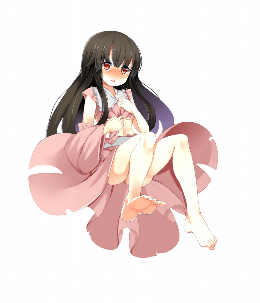 ass bad_id bad_pixiv_id bare_legs barefoot black_hair blush covering covering_breasts dress highres houraisan_kaguya long_hair long_sleeves looking_at_viewer midriff navel ootsuki_momiji open_mouth pink_dress red_eyes sash solo tears torn_clothes torn_dress torn_sleeves touhou touhou_ayaria_epic upskirt very_long_hair wide_sleeves