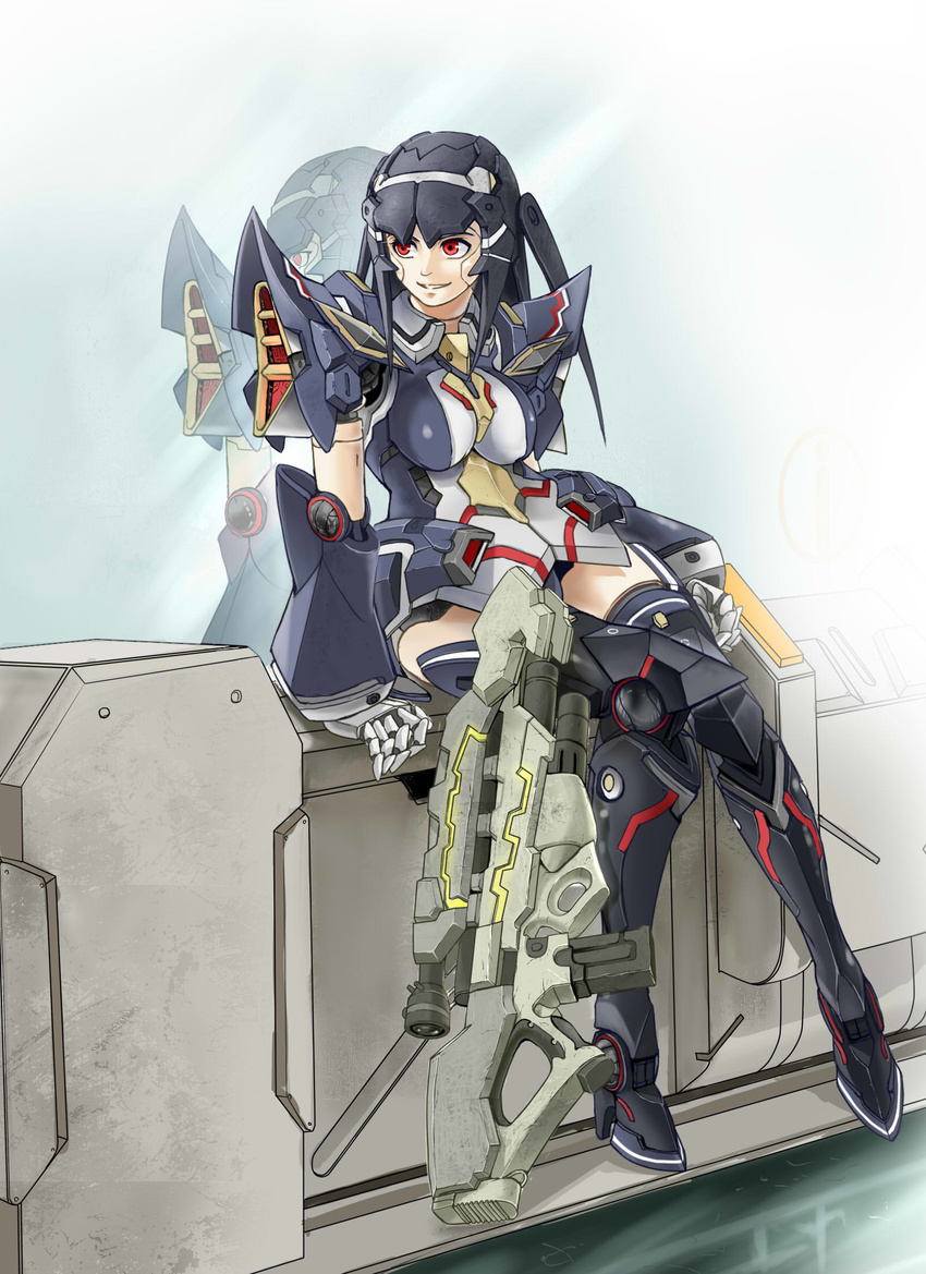 android black_hair breasts commentary_request gun highres ionia_series lisa_(pso2) long_hair medium_breasts pale_skin phantasy_star phantasy_star_online_2 red_eyes reflection remu_(kirieroido) smile solo thighhighs weapon
