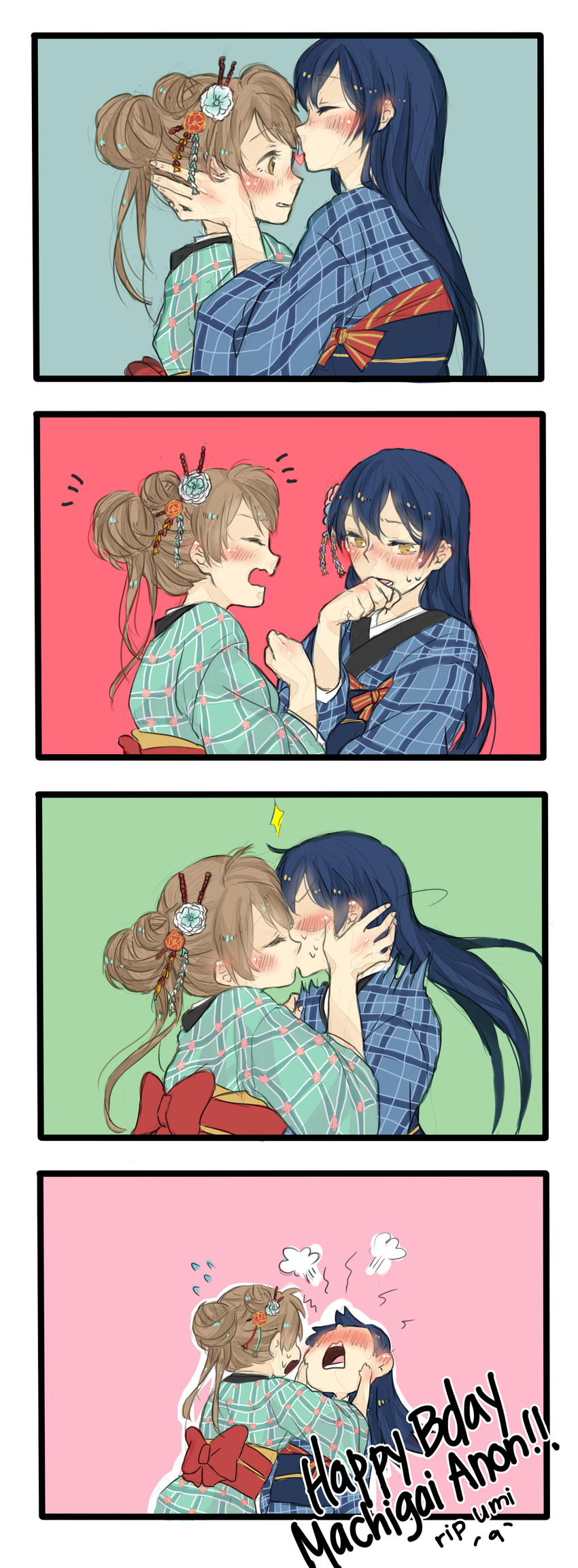 4koma absurdres blue_hair blush brown_hair closed_eyes comic english flower flying_sweatdrops forehead_kiss hair_flower hair_ornament hair_up hands_on_another's_head heart highres japanese_clothes jiyeong kimono kiss love_live! love_live!_school_idol_project minami_kotori multiple_girls open_mouth sonoda_umi steam sweat swoon yellow_eyes yuri