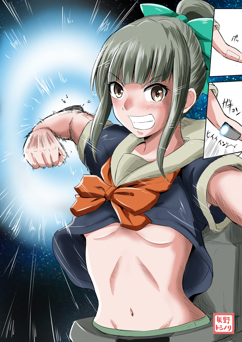 armpit_peek bangs blunt_bangs bow bowtie breasts brown_eyes clenched_hand commentary_request crop_top folded_ponytail glowing green_hair grin hair_ribbon highres kantai_collection midriff multiple_views navel pacific_rim ponytail ribbon rocket_engine rocket_punch school_uniform serafuku short_sleeves small_breasts smile speed_lines underboob wind wind_lift yano_toshinori yuubari_(kantai_collection)