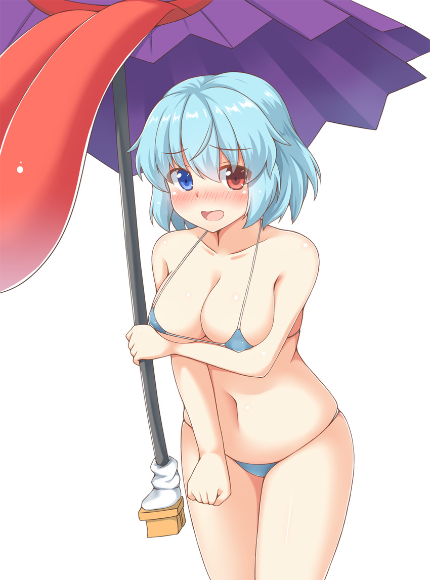 bikini blue_bikini blue_hair blush breasts collarbone embarrassed heterochromia highres karakasa_obake large_breasts looking_at_viewer micro_bikini navel open_mouth shy solo swimsuit tatara_kogasa tears touhou umbrella yuu_(yu0221f)