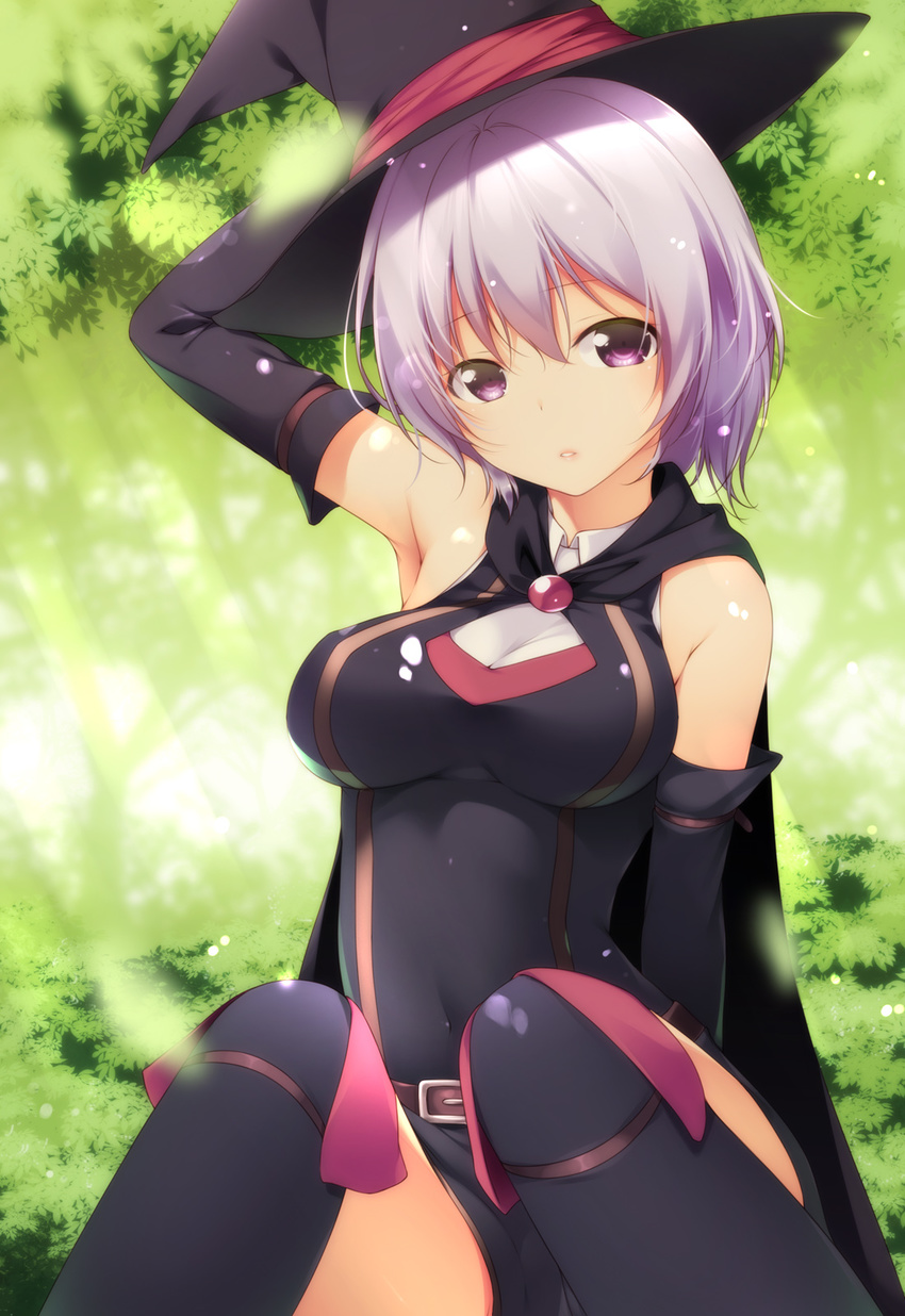 arm_up armpits boots breasts cape covered_navel detached_sleeves elbow_gloves gloves hai_to_gensou_no_grimgar hat highres knee_boots looking_at_viewer medium_breasts nature outdoors parted_lips purple_eyes purple_hair shihoru_(grimgar) shokuyou_mogura short_hair skin_tight skindentation solo witch_hat