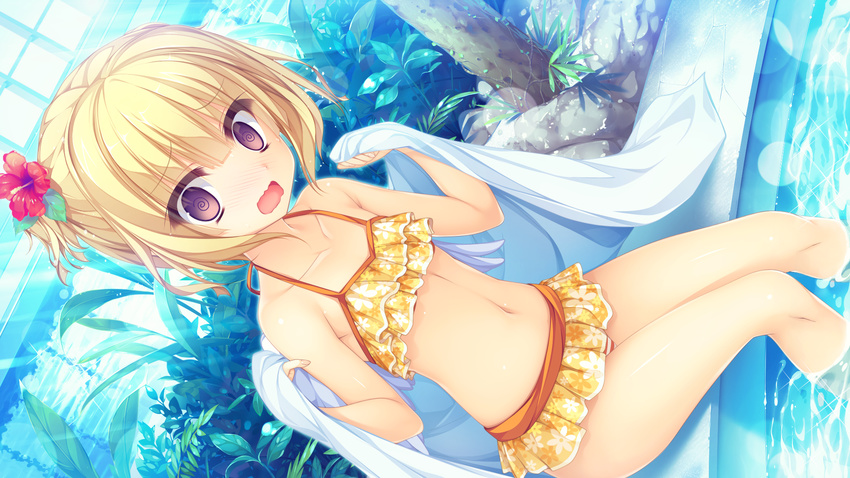 @_@ bikini blonde_hair blush dutch_angle flower frilled_bikini frills game_cg hair_flower hair_ornament highres looking_at_viewer mikagami_mamizu open_mouth parfil purple_eyes short_hair sitting soaking_feet solo swimsuit towel water wavy_mouth world_election