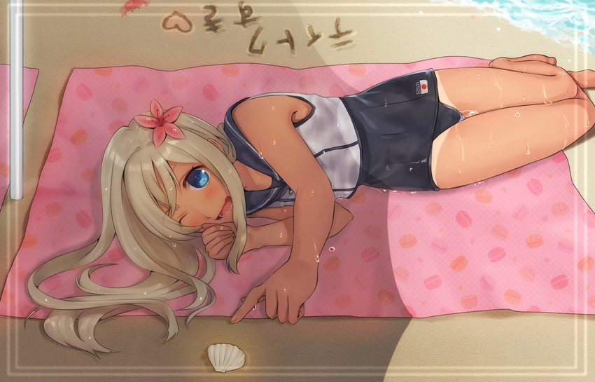 blonde_hair blue_eyes crop_top fang flower hair_flower hair_ornament highres kantai_collection long_hair lying on_side one-piece_tan one_eye_closed ro-500_(kantai_collection) sailor_collar school_swimsuit shell solo sugita_(merinib) swimsuit swimsuit_under_clothes tan tanline