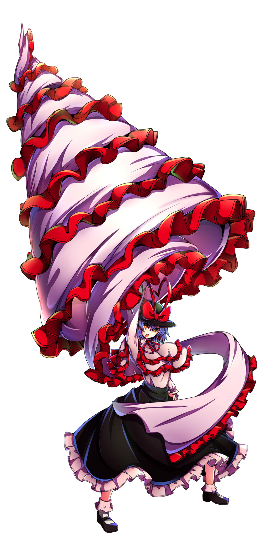 absurdres arm_up baba_(baba_seimaijo) bow capelet drill frills full_body hat hat_bow highres long_skirt long_sleeves nagae_iku open_mouth pose purple_hair red_eyes shirt skirt solo tachi-e touhou transparent_background